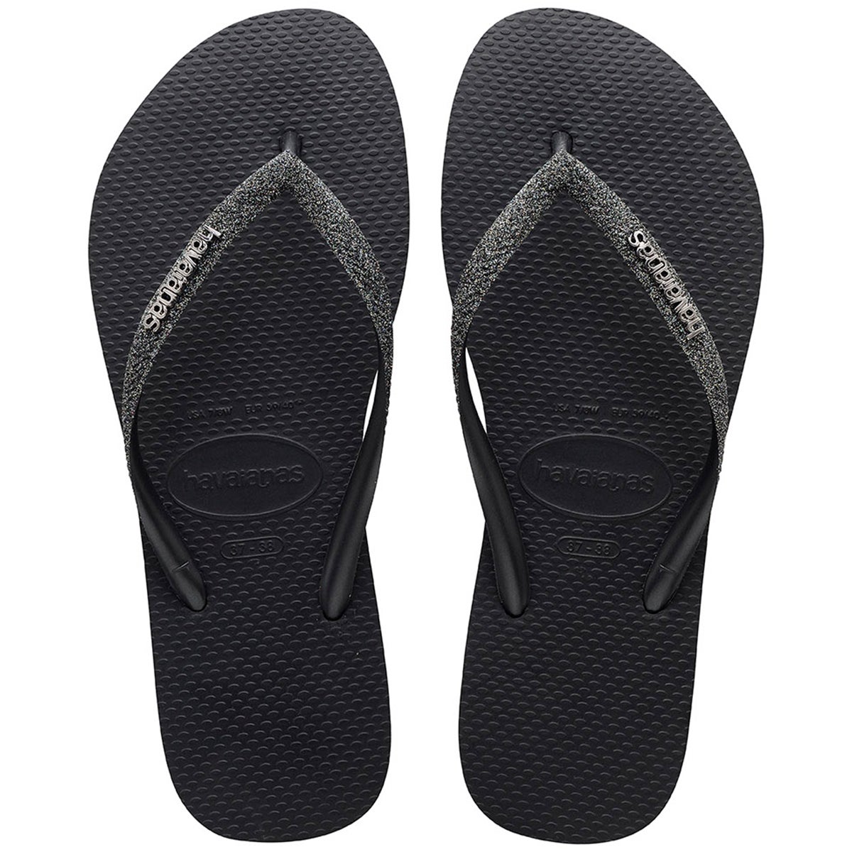 Havaianas Slim Metal Logo Glitter Jandal in Black Dark Grey