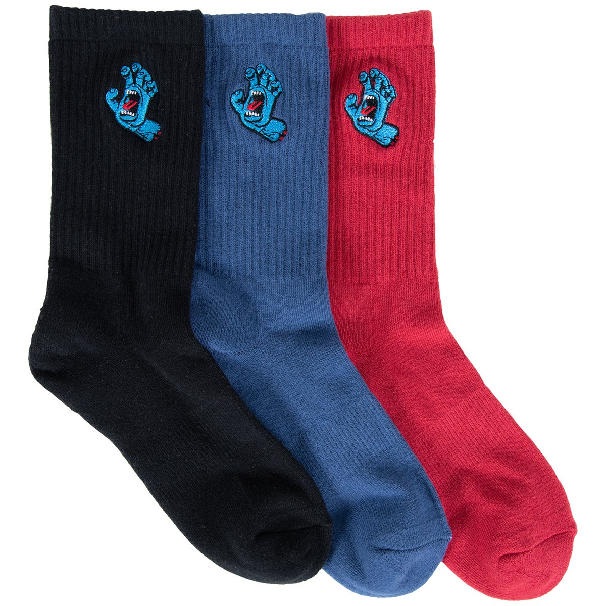 Santa Cruz Screaming Hand Youth Sock 3 Pack in Black Blue Red