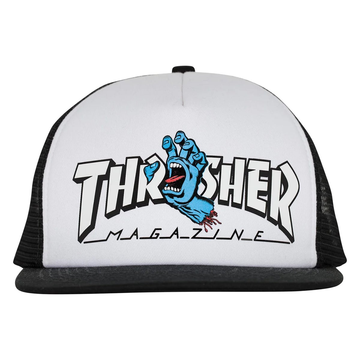 Santa Cruz X Thrasher Screaming Logo Mesh Trucker Hat in White